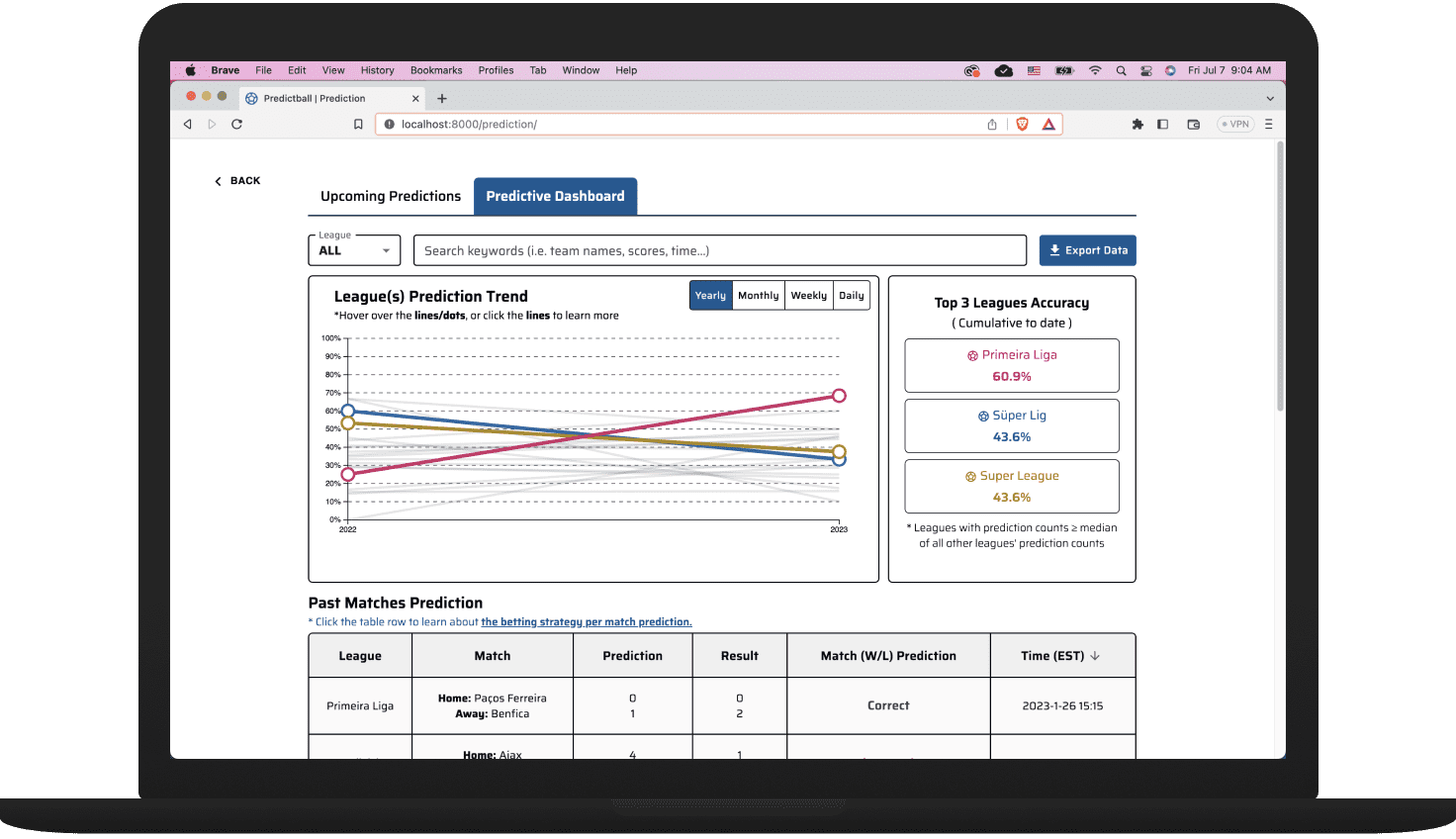 a laptop mockup image of the soccer match prediction dashboard